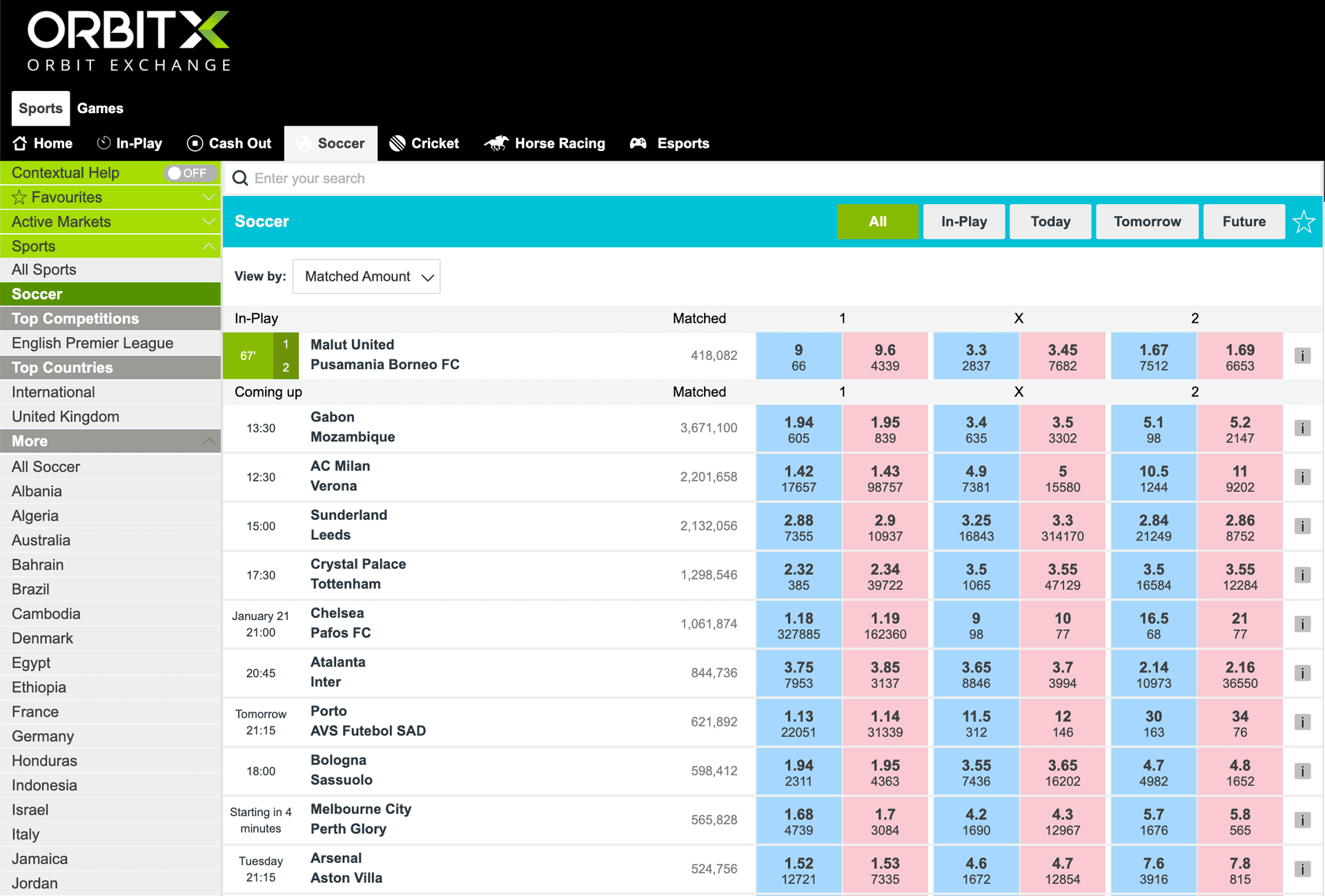 Orbit Exchange main betting interface showing soccer markets with odds and liquidity