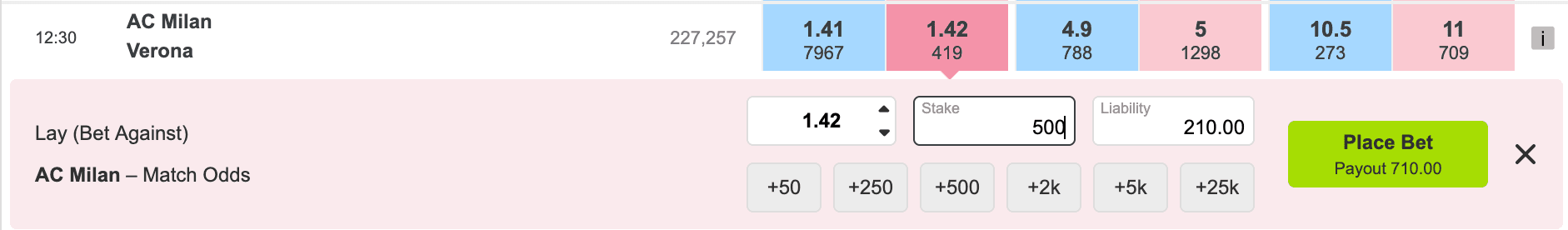 Orbit Exchange bet slip showing how to place a lay bet with stake input and liability