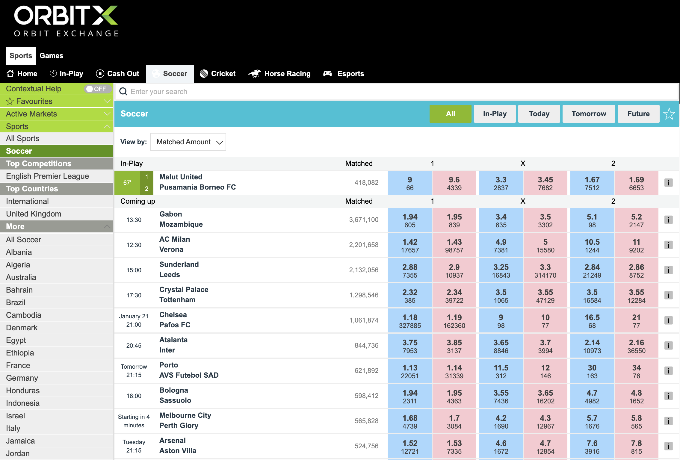 Orbit Exchange main betting interface showing soccer markets with odds and liquidity