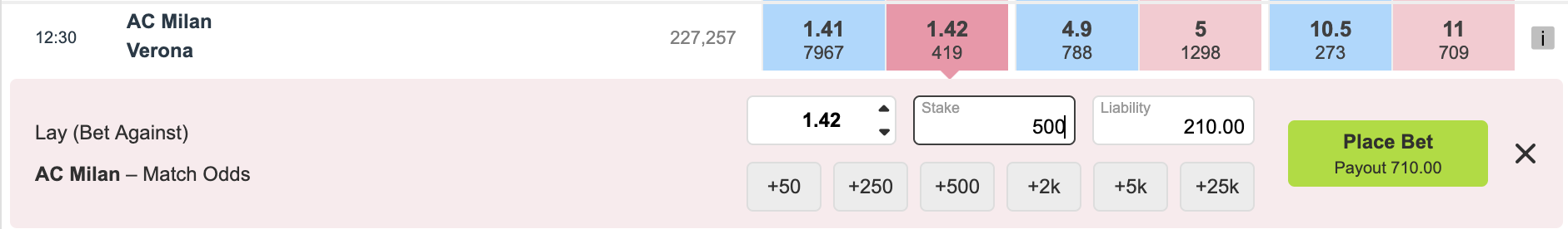 Orbit Exchange bet slip showing how to place a lay bet with stake input and liability