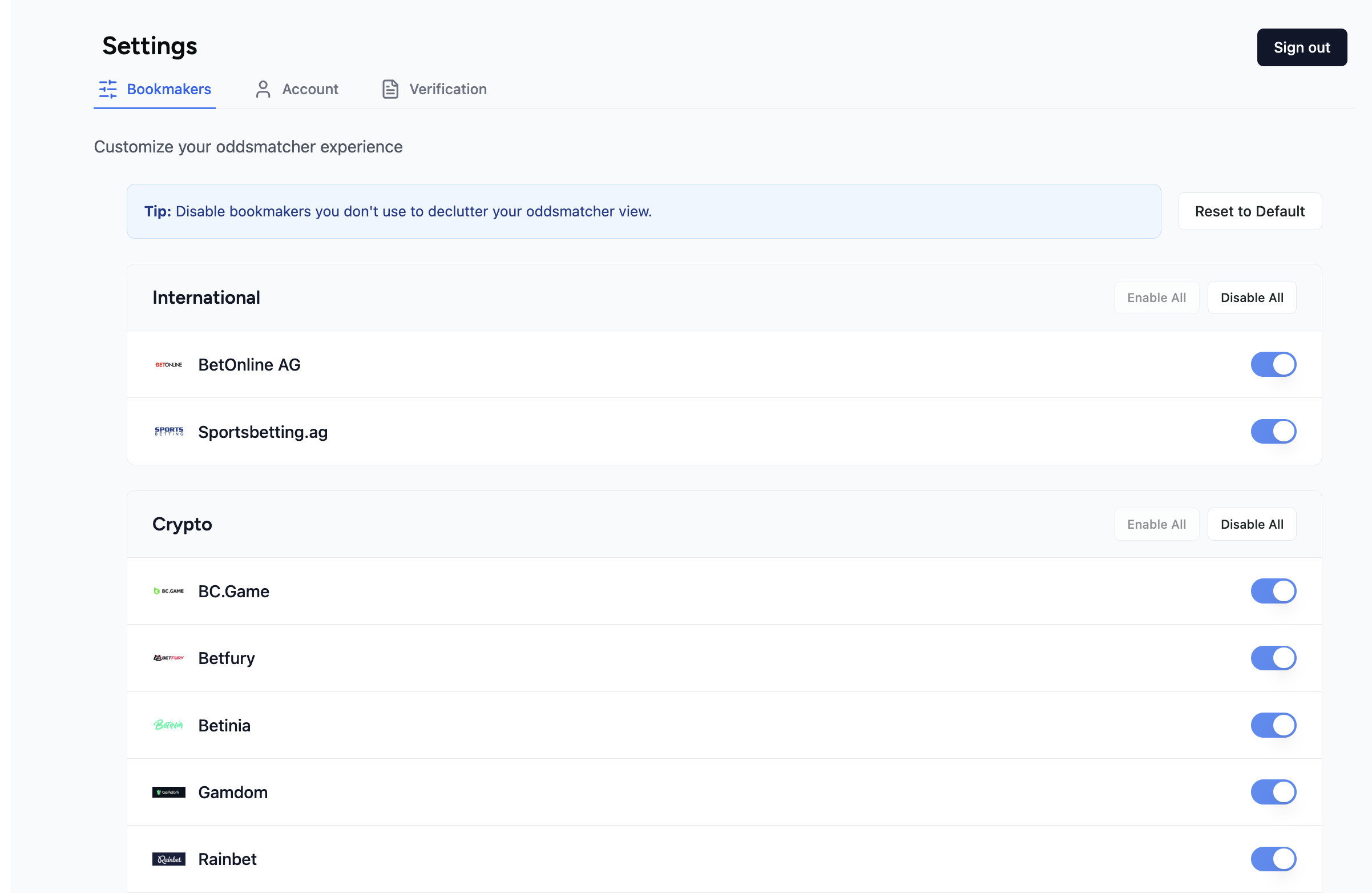 Bookmaker settings showing enabled and disabled bookmakers
